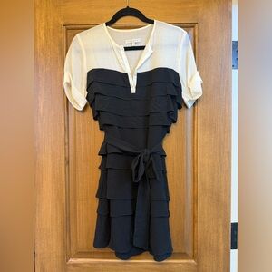 Sandro Cream and White Ruffled Mini Dress with Puff Sleeves